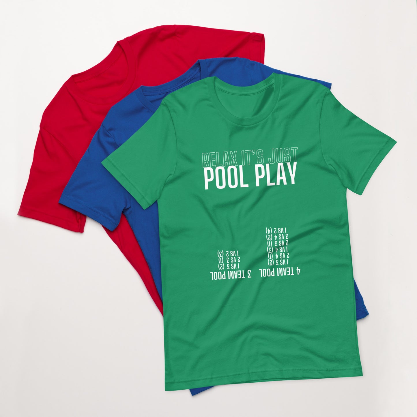 Pool Play - upside down schedule on front - Unisex t-shirt
